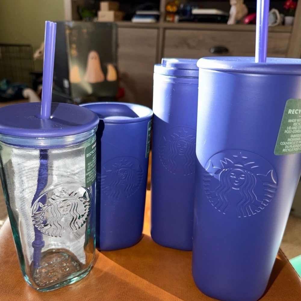 4 Starbucks Purple Recycled Material Triangle Bottom Tumbler Collection New
